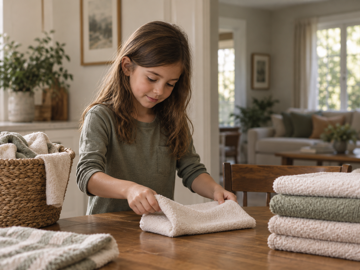 Child folding laundry