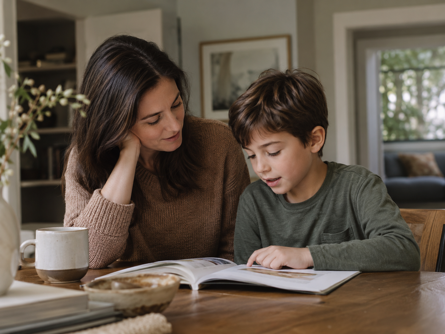 Mom and son reading a book at a table