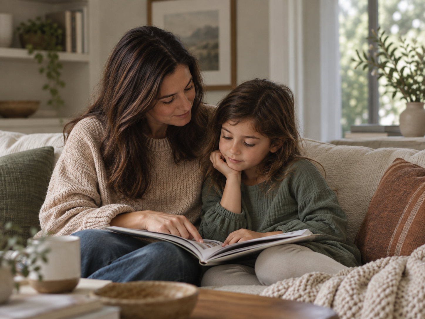 Mom and daughter reading a book on a couch